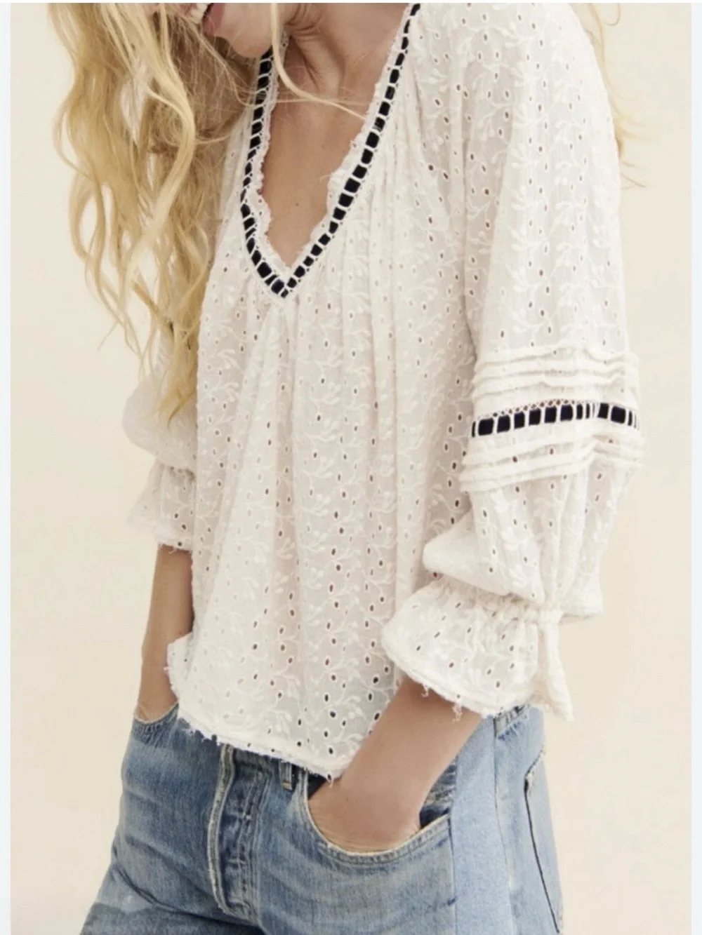 Free People Women’s Medium White Black Darcy Eyelet Blouse Crop Top